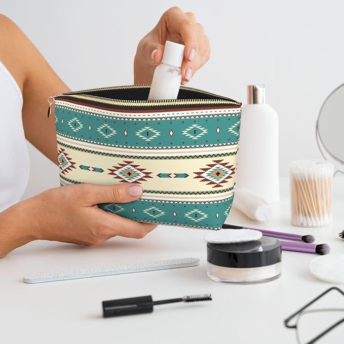 Native Indian Western Tribal Small Makeup Bag for Women - Leather Travel Cosmetic Bag Make Up Pouch Mini Travel Zipper Pouch - Makeup Organizer Bag