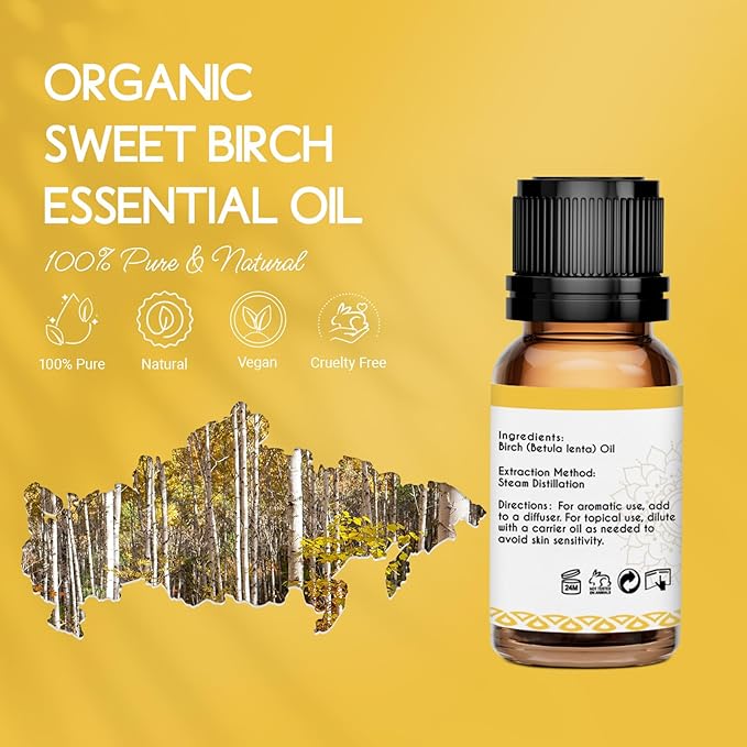 Organic Birch Essential Oil 0.34 Fl Oz, 100% Pure Birch Oil for Aromatherapy, Massage, DIY & Skin Care, 10ml Amber Bottle with Dropper