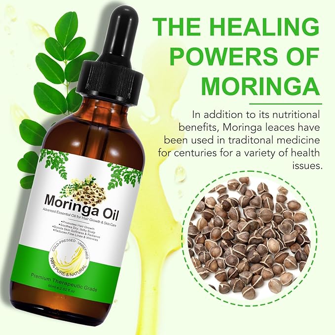 Moringa Oil for Hair 2.02 fl.oz, 100% Natural Premium Organic Cold-Pressed Glass Bottle Moringa Oil, Moringa Seed Oil for Face, Hair & Body Care, Anti-Aging, Nourish Hair, Scalp & Body Massage