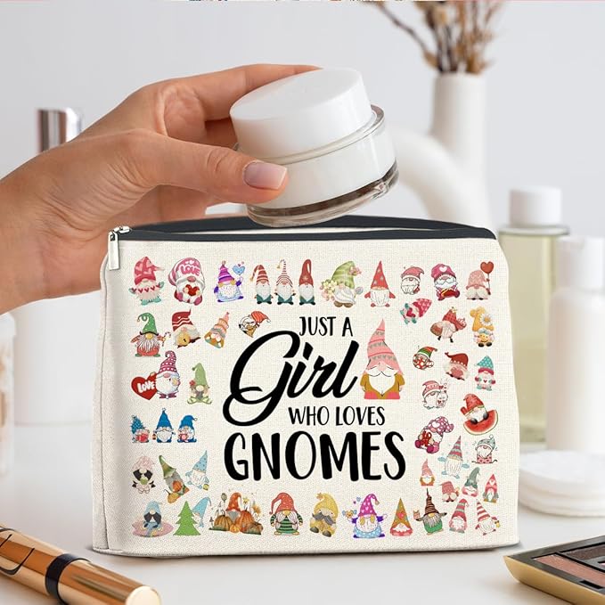 Gnome Lover Makeup Bag - Gifts for Women, Girl, Daughter, Sister, Bestie - Just a Girl Who Loves Gnomes Zipper Makeup Pouch