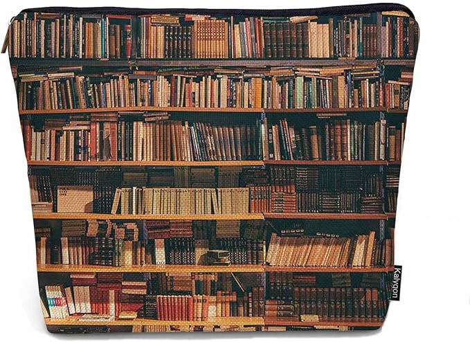 Vintage Library Bookshelf Makeup Bag for Purse, Travel Toiletry Pouch, Cosmetic Organizer, Old Books Pattern Flax Pencil Case for Men and Women