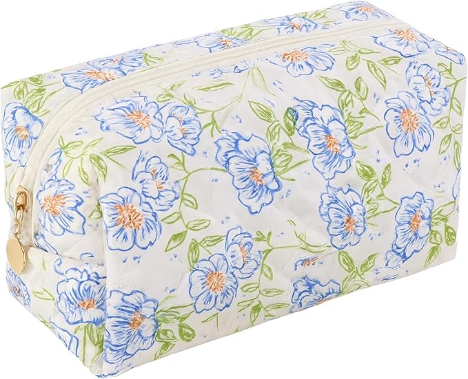 Floral Cotton Makeup Brush Cosmetic Bag for Women & Men, Travel Quilted Zipper Pouch, Large Capacity Flowers Toiletry Organizer, Kawaii Makeup Storage Case, Cosmetic Travel Cloth Bag-Blue Flowers