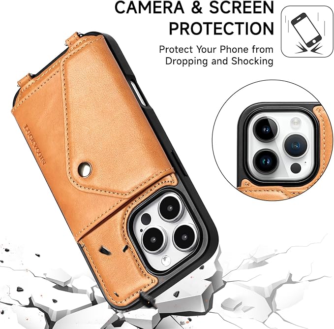 LUCKYCOIN Crossbody Wallet Phone Case for iPhone 16 Pro,100% Genuine Leather Wallet Phone Case with Expandable Flip Card Holder,Phone Purse for Women with Adjustable Removable Strap - Brown