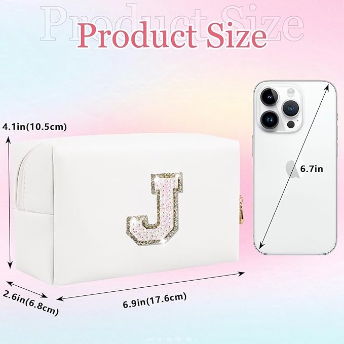 Small Personalized Glitter Initial Letter Makeup Bag, Cute PU Leather Chenille Letters Cosmetic Bag Travel Makeup Pouch, Preppy Travel Organizer Zipper Pouch for Women&Girls（White-J）