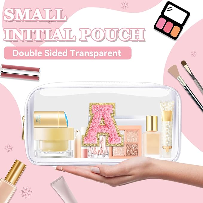 Small Clear Personalized Initial Makeup Bag,Nylon Preppy A-Z Chenille Letter Patch Cosmetic Pouch Beach Toiletry Bag,Waterproof Zipper Travel Purse Storage Bag Organizer for Women Girls(White-Pink A)