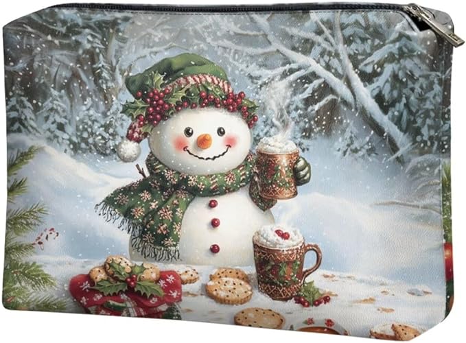 COEQINE Snowman Coffee Milk Purse Pouches for Organizing Leather Cosmetic Bag Bulk Small Pencil Pouch for Women Travel Toiletry Bag Floral Makeup Zipper Pouch for Christmas Gifts for Ladies