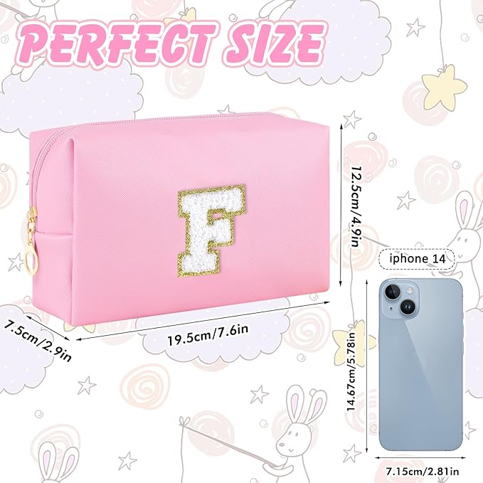 Initial Makeup Bag Personalized Preppy Travel Small Cosmetic Bag Cute PU Pink Chenille Letter Makeup Pouch for Purse Waterproof Zippered Toiletry Organizer for Women Girls Kids Friends (F)