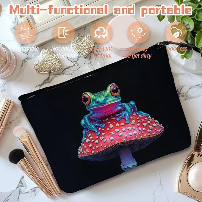 Cosmetic Bags Travel Makeup Toilet Case Waterproof Pouch for Women Girls 6.7X9.45inches - Colorful Frog on A Red Mushroom