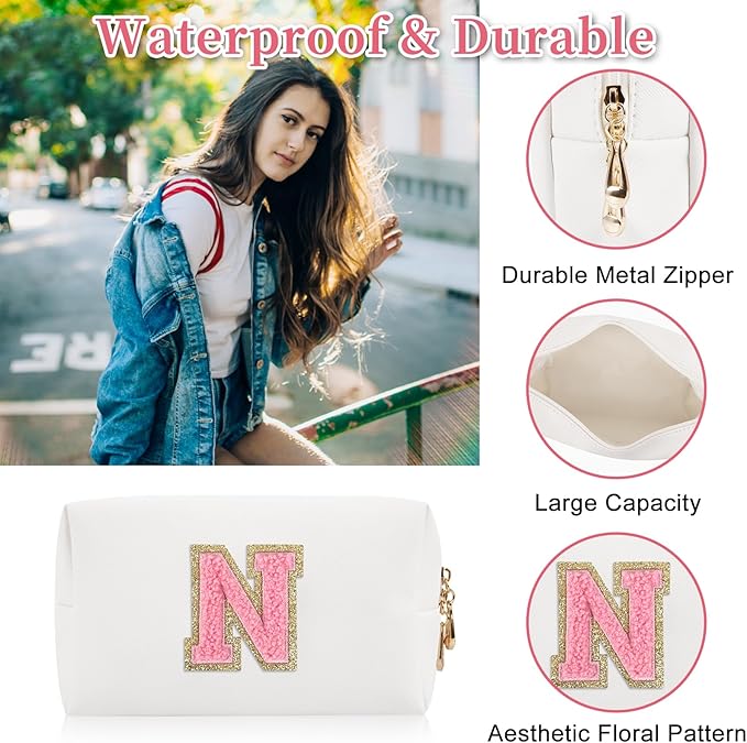 Iqimott Personalized Initial Letter Patch Makeup Bag, Preppy Portable Chenille Letter Cosmetic Bag with Zipper, PU Leather Waterproof Travel Toiletry Bag Monogram Make Up Pouch Girls(Letter N)