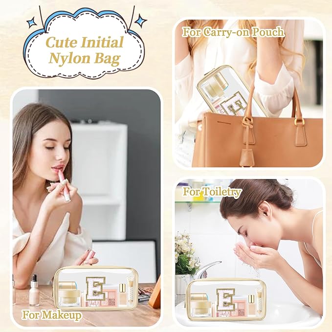 Small Clear Personalized Initial Makeup Bag,Nylon Preppy A-Z Chenille Letter Patch Cosmetic Pouch Beach Toiletry Bag,Waterproof Zipper Travel Purse Storage Bag Organizer for Women Girls(Beige-White E)