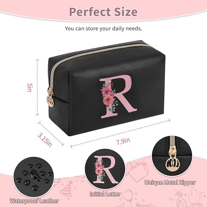 Personalized Initial Makeup Bag, Birthday Gifts for Women and Girls, Small Makeup Pouch Travel Toiletry Bag, Make Up Organizer Bag Gift Trendy Stuff for Friend Mom Teacher, Black