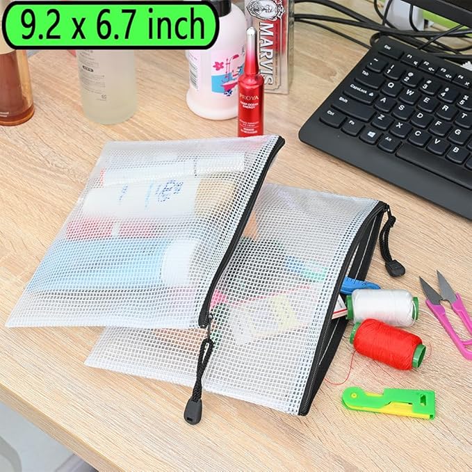 AUSTARK 10 Pcs Zipper File Bags, Waterproof Plastic Mesh Pouch for Office School, Board Game Storage Bags (Multi-Size, White and Black)