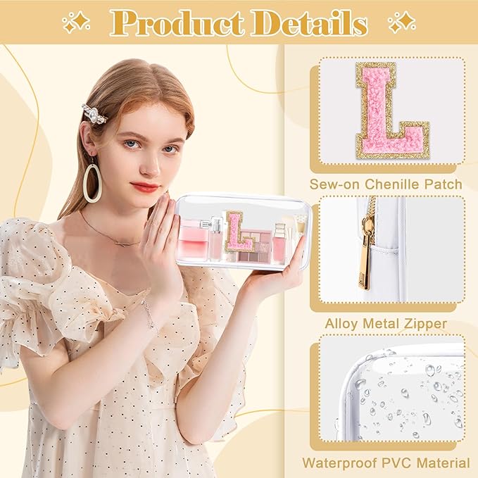 Personalized Initial Letter Clear Makeup Bag,Preppy Small Nylon&PVC Cosmetic Zipper Bag with Chenille Letter,Travel Skincare Toiletry Bag,Monogram Christmas Gift for Teen Girls Women,L