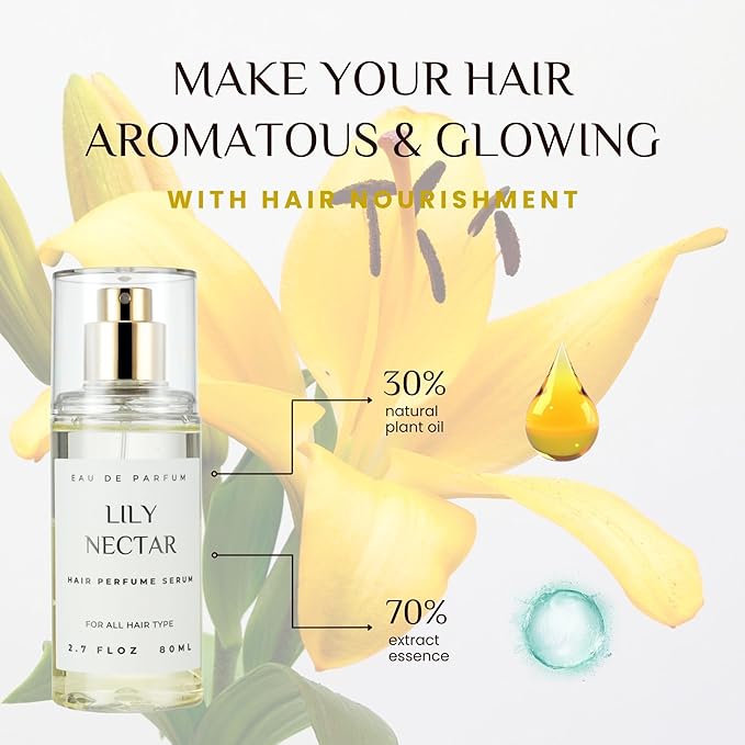 Hair Perfume for Women, Summer Lightweight Long Lasting Fragrance Mist - 3:7 Hydrating Serum Alcohol Free Formula, Argan Oil Scented Hair Spray with Keratin & Elastin (Lily Nectar) 2.7 fl oz