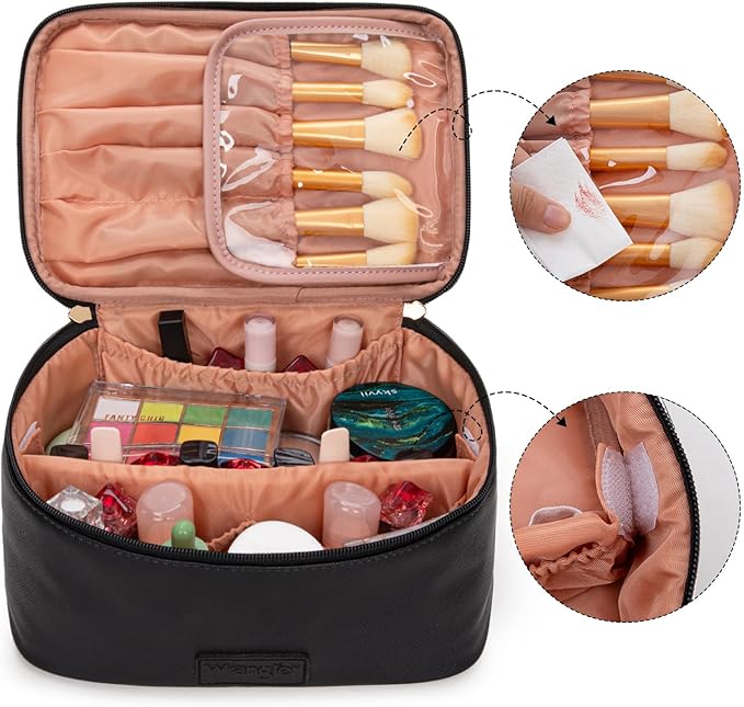 Montana West X Wrangler Travel Makeup Bag 2pcs Set Large Cosmetic Bag with Makeup Brush Holder Portable Make Up Organizer Cute Toiletry Bag with Divider and Handle for Women Black