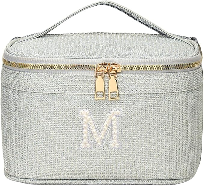 EURYNOME Makeup Bag with Custom Letter M, Water-Resistant Travel Organizer Pouch, (8.3x5.1x5.1 Inch) Cosmetic Case for Women
