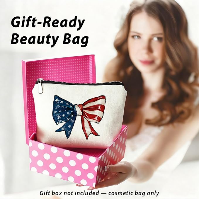 Coquette American Flag Bow Makeup Bag, Gifts for Patriotic Women Cosmetic Bag, Preppy Red White and Blue Bow Small Toiletry Bags Zipper Makeup Pouch