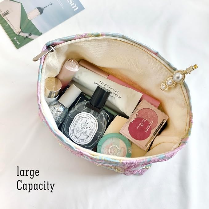 STARDW Aesthetic Floral Makeup Bag Cute Small Cosmetic Bags for Women Girls, Travel Toiletry Bag Large Capacity Zipper Makeup Pouch, Purse Organizer Pouches (Embossed Flower)