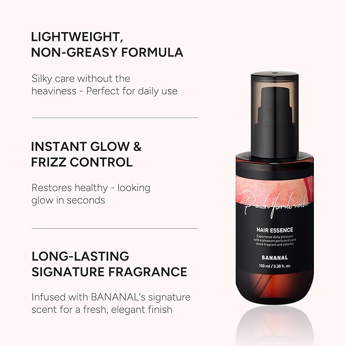 Perfumed Hair Oil & Serum 2-in-1 – Korean Essence Oil for Frizzy, Dry, Damaged Hair & Glass Hair Shine – Argan Oil & Amino Acids – Sulfate & Paraben-Free – Peach Floral Musk, 100ml / 3.38 fl oz