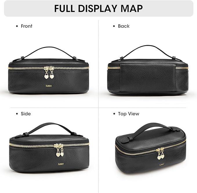 Kattee Makeup Bag for Women, Leather Cosmetic Bag, Working Makeup Bags for Ladies with Handles, Portable Travel Toiletry Bag,Black