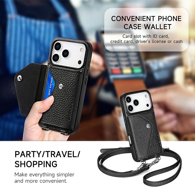 LUCKYCOIN Crossbody Wallet Phone Case for iPhone 17 Pro,100% Genuine Leather Wallet Phone Case with Expandable Flip Card Holder,Phone Purse for Women with Adjustable Removable Strap - Pebble Black