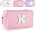 MSQ Personalized Makeup Bag Initial A-Z Patch Bag, PU Leather Cosmetic Bag Pouch Travel Toiletry Bag with Zipper, Gift Ideal for Teen Girls Friend Mom Women Birthday(Pink K)