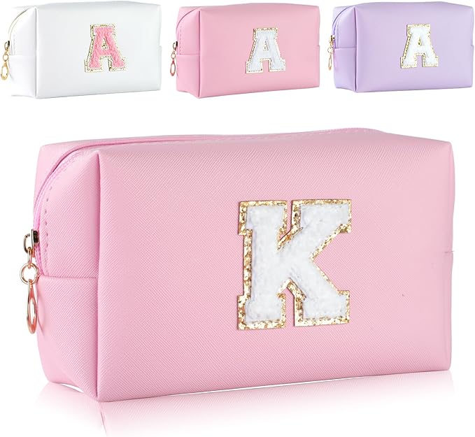MSQ Personalized Makeup Bag Initial A-Z Patch Bag, PU Leather Cosmetic Bag Pouch Travel Toiletry Bag with Zipper, Gift Ideal for Teen Girls Friend Mom Women Birthday(Pink K)