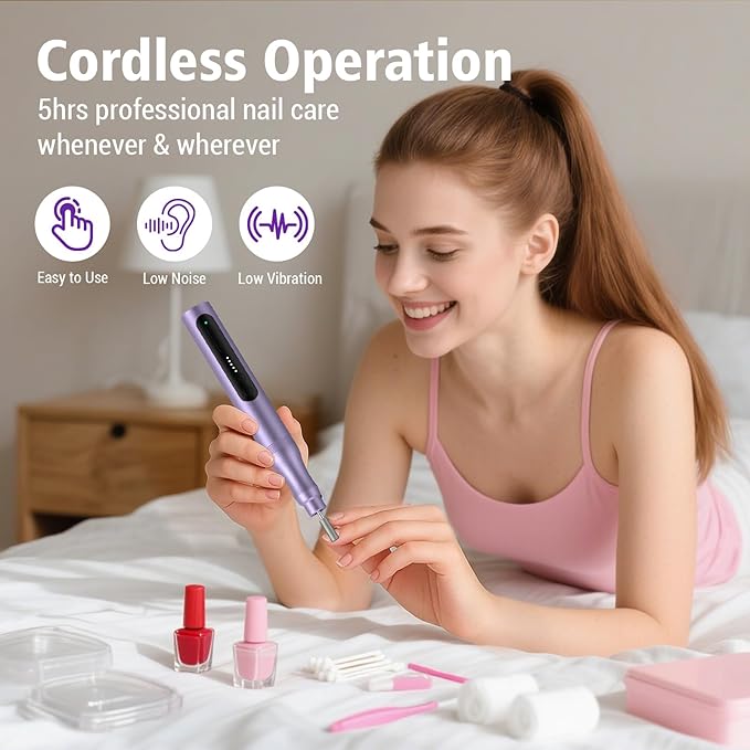 Electric Nail Drill Set, Cordless Electric Nail File Set Rechargeable, 5 Speed Portable Nail Drill Machine for Thick Nail Toenail Cuticle, Hand Feet Trimmer Buffer for Women Men Baby Pets