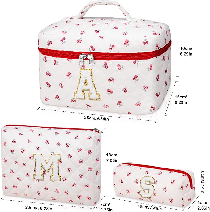 Initial Makeup Bag Set, Personalized Quilted Makeup Bag, Large Floral Cosmetic Bag for Women, Cute Cotton Custom Make up Bags, Flower Travel Toiletry Bag Teen Girl Gift Trendy Stuff Gift Red Cherry K