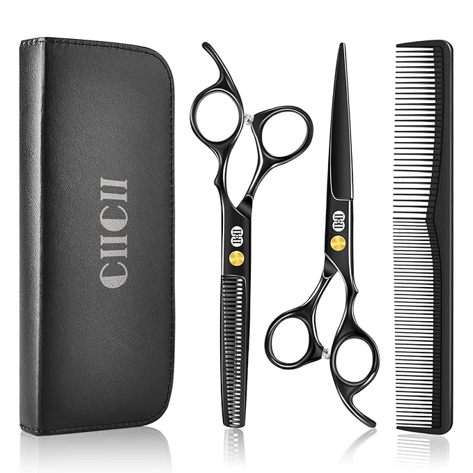 CIICII Hair Cutting Scissors Shears Kit, Professional Barber Haircut Scissors Set (6.7 Inch Hair Beard Hairdressing Trimming Haircutting Thinning Shears) for Men Women Hairdresser Home Salon (Black)