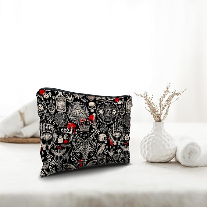 Nogrit Gothic Black Makeup Bag - Retro Black Small Cosmetic Makeup Bag for Purse, Gothic Gifts for Women