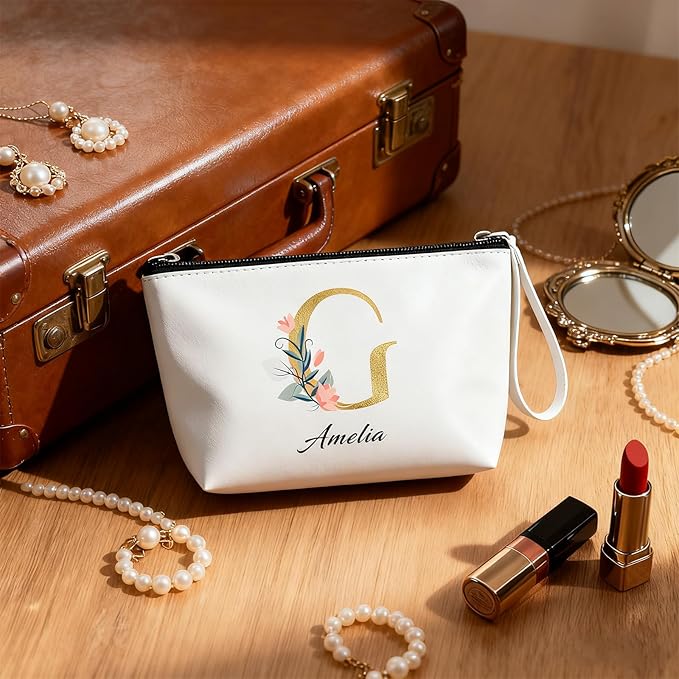 Personalized Makeup Bag Initial&Birth Flower Custom Small Travel Cosmetic Bag with Name Cute Makeup Bag for Women Girls