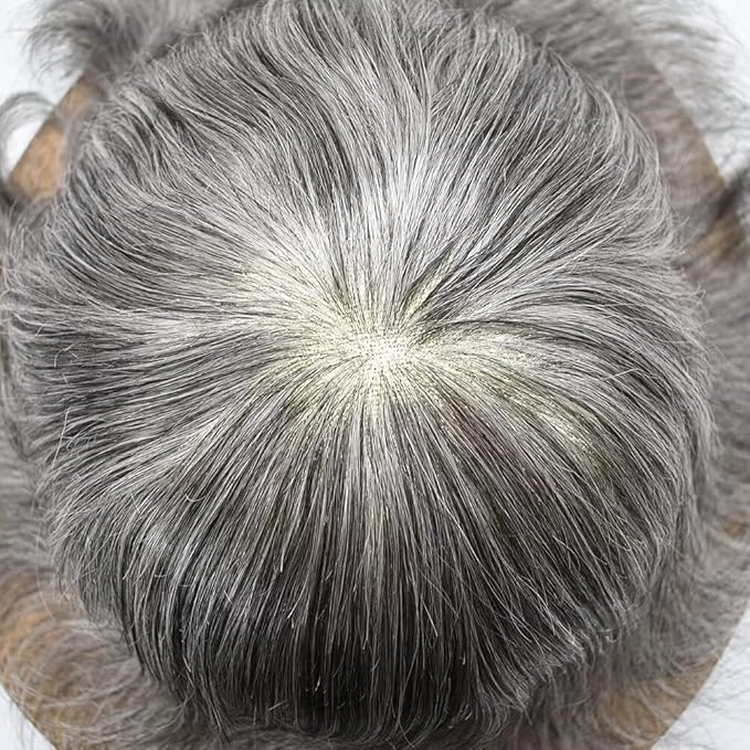 FACE MIRACLE Mens Toupee Lace Front Hairpieces Soft Human Hair Replacement System Natural Hairline Toupee for Men French Lace Poly V-Looped Mens hair Units 6"X8" #1B60 Off Black with 60% Gray