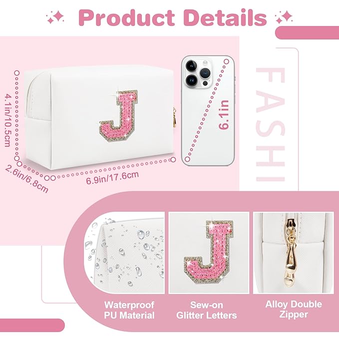 Small Initial Patch Makeup Bag Personalized Gifts Make Up Bag,White Cute PU Leather Glitter Letter Cosmetic Bag with Zipper,Trendy Portable Travel Toiletry Pouch,Preppy Stuff for Teen Girls Women J