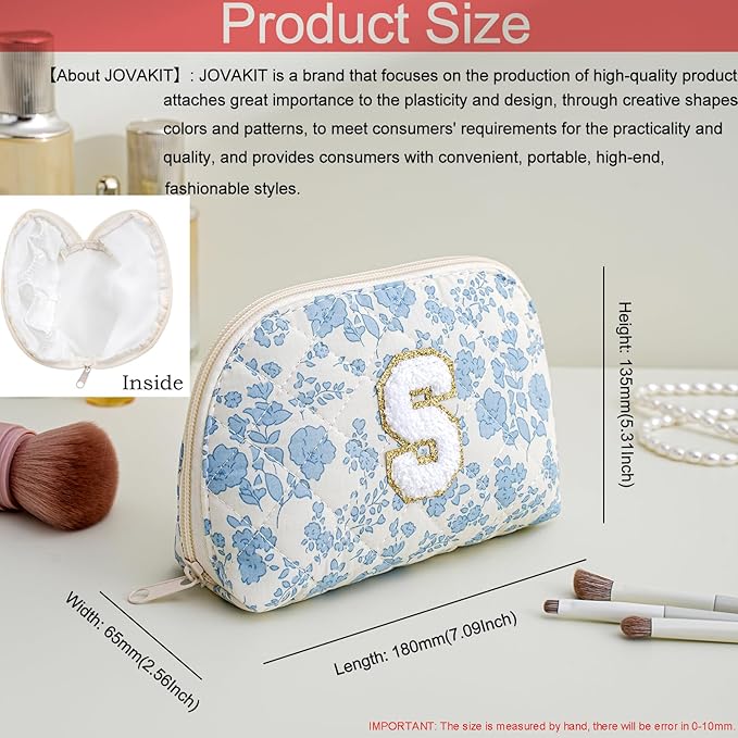 JOVAKIT Conch Alphabet Makeup Bag Cosmetic Bag for Women, Christmas Gifts for Women Girls, Blue Floral Coquette Travel Bag, Zipper Make Up Pouch Organizer Trendy Stuff (Blue Floral S)