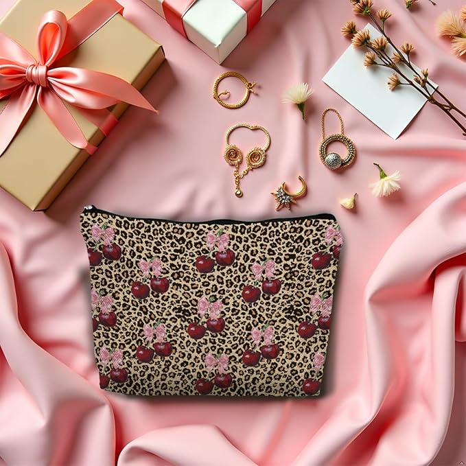 Leopard Print Cherry Makeup Bag, Coquette Preppy Pink Bow Cherry Cosmetic Bags Gifts for Women, Funky Y2k Cheetah Print Portable Travel Toiletry Bag Zipper Makeup Pouch