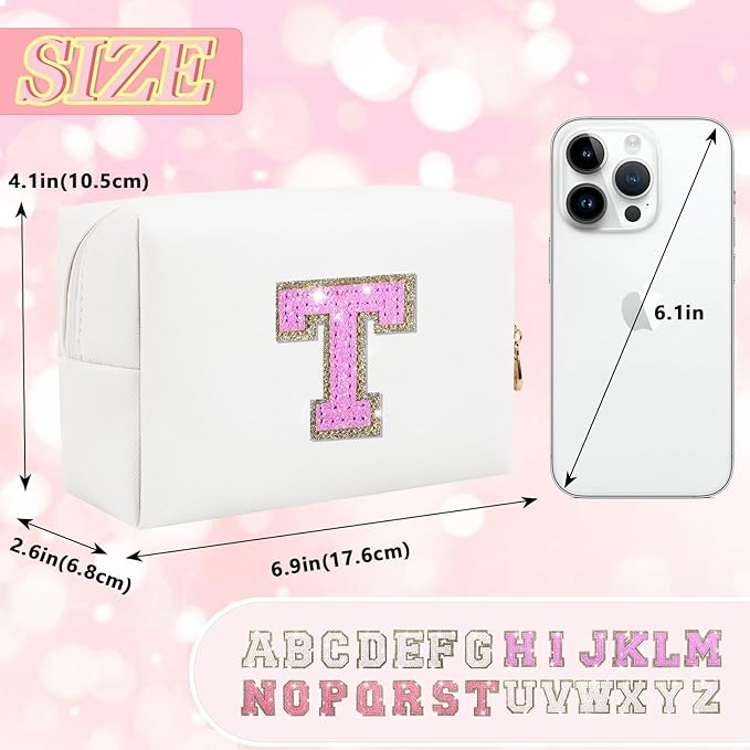 Personalized Initial Makeup Bag, Preppy Glitter Letter Cosmetic Pouch, PU Waterproof Zipper Travel Toiletry Bag - Unique Letter Patch Organizer Gift for Women & Teen Girls