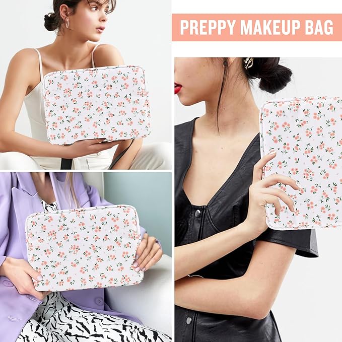 Nylon Large Floral Makeup Organizer Bag, Preppy Big Cute Flower Cosmetic Zipper Pouch Multi-compartment with Dividers, Waterproof Toiletry Makeup Brushes Bag Travel Essentials for Women(White-Floral)