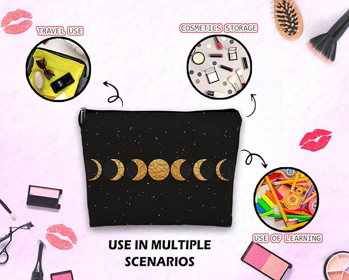 Abstract Boho Minimalist Moon Phases Cosmetic Bag, Mid Century Bohemian Modern Art Makeup Bag Zipper Cosmetic Pouch Bag Travel Linen Makeup Organizer, Boho Gifts for Women Teen Girls Her Teens