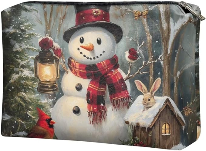 COEQINE Christmas Bag Organizer Pouches for Women Snowman Rabbit House Designer Pen Pouch Large Waterproof Cosmetic Bag with Zipper for Travel Work Holiday Vacation Gifts