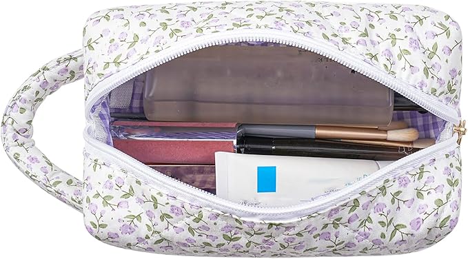 Makeup Bag Travel Cosmetic Bag for Women, Zipper Make Up Pouch, Floral Flowers Toiletry Organizer Makeup with Handle, Cosmetic Travel Cloth Bag (Purple Floral)