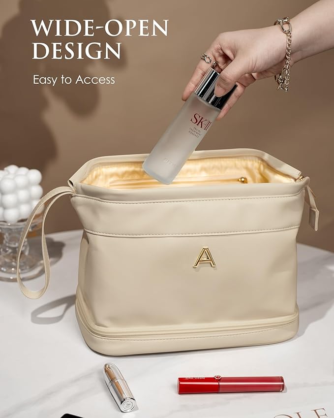 Teacher Appreciation Gifts-Initial Large Makeup Bag, Double Layer Cosmetic Bag with Makeup Brush Organizer, Birthday Gift Bag for Women/Girl PU Leather Toiletry Bag