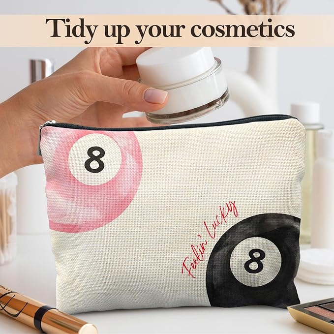 Retro Pink and Black Lucky 8 Ball Makeup Bag, Funky Preppy Cosmetic Bags for Women, Preppy Stuff Makeup Pouch, Feeling Lucky Zipper Pouch
