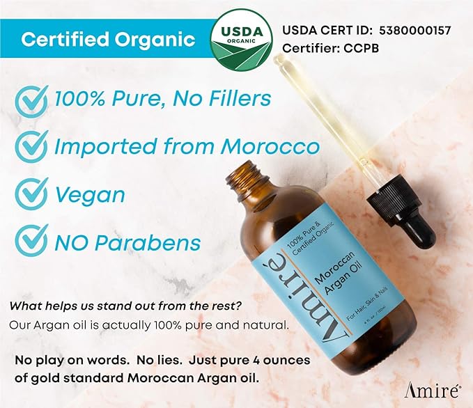 3 Pack of USDA Certified Organic Argan Oil 4oz, Triple Extra Virgin Grade Moroccan Argan Oil for Skin, Face, & Nails. Moisturizer. Scalp Treatment Hair Oil for Dry, Damaged, Brittle Hair.