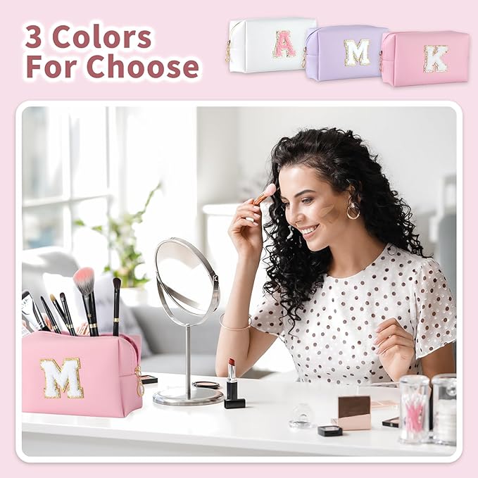 MSQ Personalized Makeup Bag Initial A-Z Patch Bag, PU Leather Cosmetic Bag Pouch Travel Toiletry Bag with Zipper, Gift Ideal for Teen Girls Friend Mom Women Birthday (Pink M)