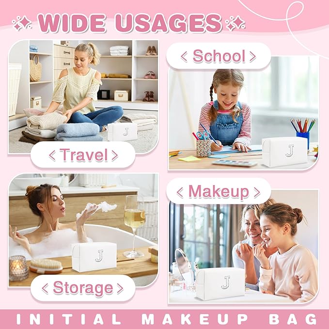 Bride Gifts – Personalized Initial Makeup Bag with Pearl Rhinestone Patch, Preppy White Monogram Cosmetic/Toiletry Pouch, bridesmaid Gifts, Bridal Shower Gifts, Wedding Gifts, Bridal Gifts,J