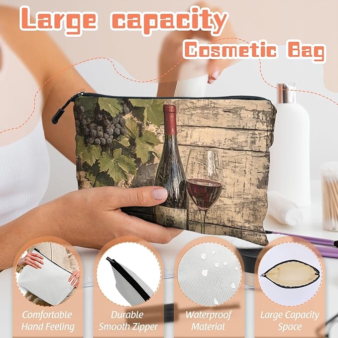 Cosmetic Bags Travel Makeup Toilet Case Waterproof Pouch for Women Girls 6.7X9.45inches - Glass And Grapes on An Aged Wooden Background