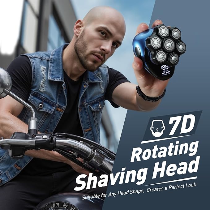 Head Shavers for Bald Men - 7D Detachable Electric Razor, IPX6 Waterproof Wet Dry Rotary Shavers, LED Display Rechargeable Head Shaving with Fast Charging, Blue