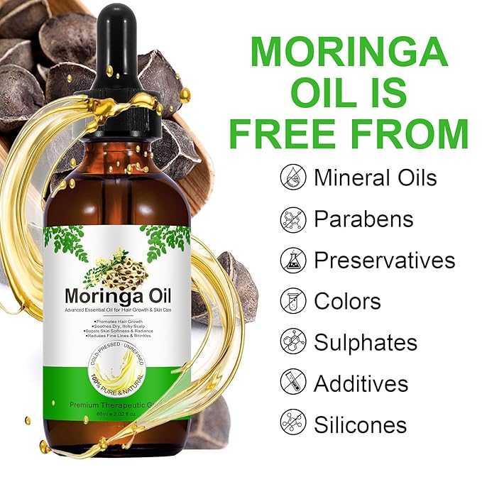 Moringa Oil for Hair 2.02 fl.oz, 100% Natural Premium Organic Cold-Pressed Glass Bottle Moringa Oil, Moringa Seed Oil for Face, Hair & Body Care, Anti-Aging, Nourish Hair, Scalp & Body Massage