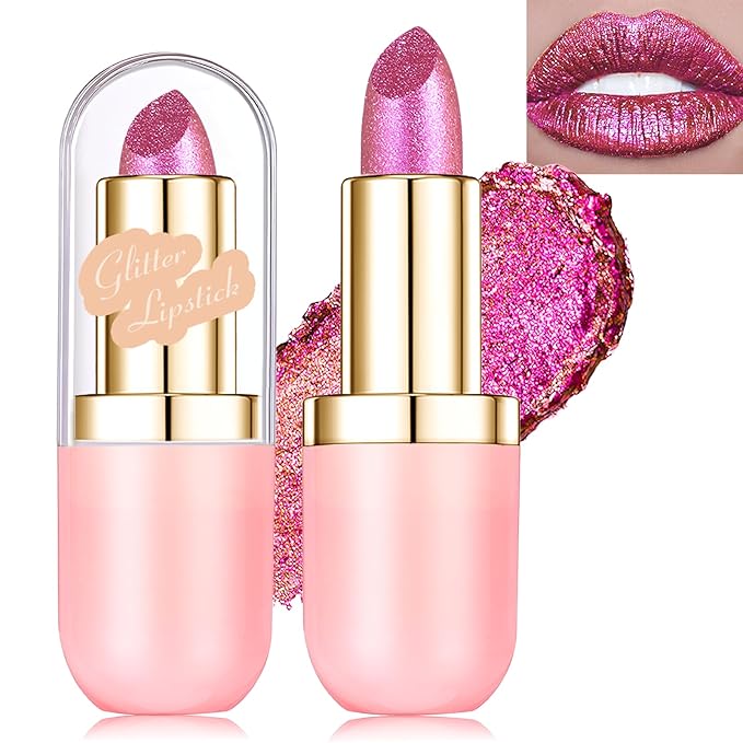 Glitter Lipstick Makeup, Holographic Metallic Pink Lip Stick Long Lasting Lightweight Non-Sticky Hydrating Lip Tinted Full Coverage Sparkling Shimmer Lipstick for Women